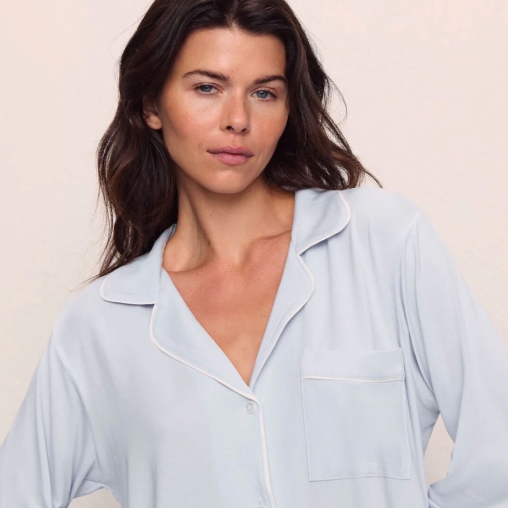 Eberjey Gisele Long PJ Set in Ice Blue & Ivory TENCEL Modal - Picture 3 of 9
